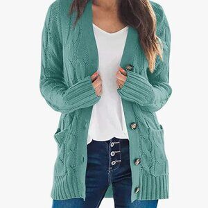 MEROKEETY Long Sleeve Cable Knit Sweater Open Front Cardigan; Aqua - Size L